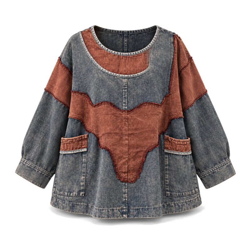 Bluza damska jeansowa oversize z patchworkiem, rękawy nietoperzowe - wariant z rdzawymi wstawkami, ghost mannequin, przód