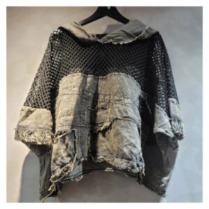 Bluza damska z kapturem z siatki i denimu, oversize, krótki rękaw - wariant czarny, L