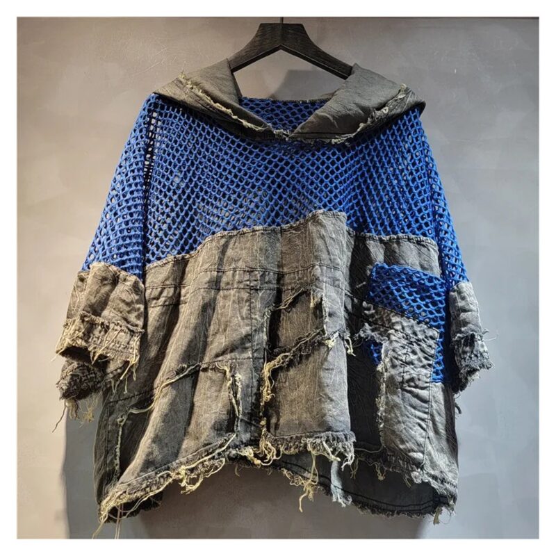 Bluza damska z kapturem z siatki i denimu, oversize, krótki rękaw - wariant niebieski, L