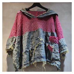 Bluza damska z kapturem z siatki i denimu, oversize, krótki rękaw - wariant różowy, L
