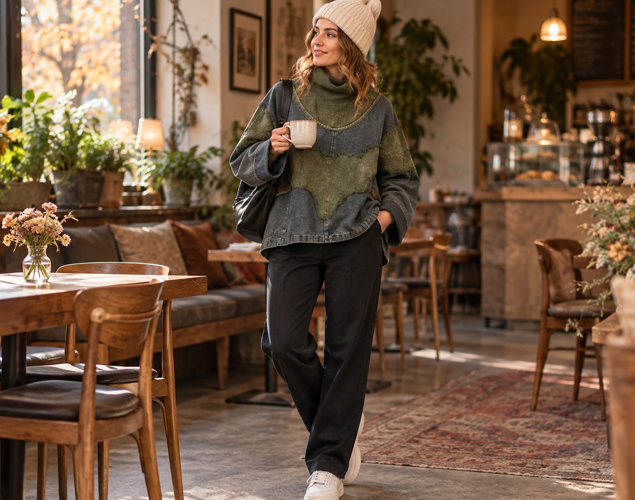 stylizacja: zielona bluza, czarne spodnie, sneakersy i czapka w kawiarni