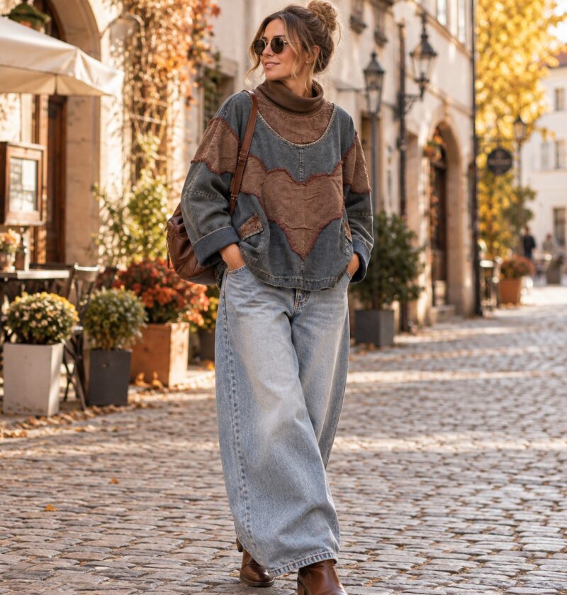 Bluza jeansowa damska oversize z golfem i naszywkami patchwork - jesienna ulica starego miasta, modelka w brązowej wersji bluzy i jasnych szerokich jeansach, ciepłe światło dzienne