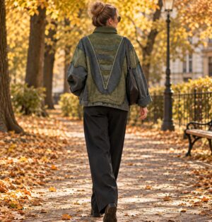 Bluza jeansowa damska oversize z golfem i naszywkami patchwork - park jesienią, modelka w zielonej wersji ujęta od tyłu, widoczny panel V na plecach