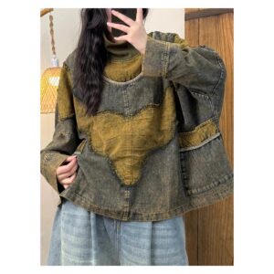 Bluza jeansowa damska oversize z golfem i naszywkami patchwork - wariant zielony