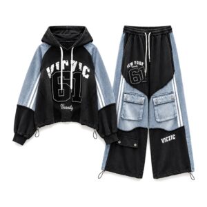 Bluza z kapturem i spodnie cargo z denimowymi wstawkami, patchwork - zdjęcie główne