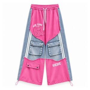 Bluza z kapturem i spodnie cargo z denimowymi wstawkami, patchwork - wariant spodnie, różowy, XL
