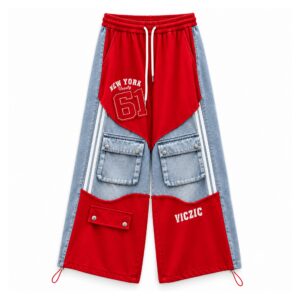 Bluza z kapturem i spodnie cargo z denimowymi wstawkami, patchwork - wariant spodnie, czerwony, M