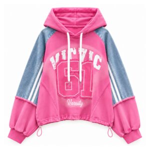 Bluza z kapturem i spodnie cargo z denimowymi wstawkami, patchwork - wariant bluza, różowy, uniwersalny