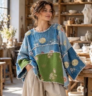 Bluzka damska patchwork w kwiaty z bawełny, długi rękaw, oversize - jasna pracownia ceramiki, modelka bez aparatu, lniane spodnie