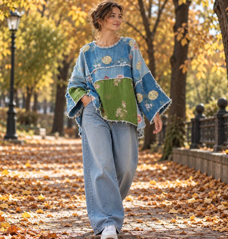 Bluzka damska patchwork w kwiaty z bawełny, długi rękaw, oversize - spacer po parku jesienią, szerokie jeansy