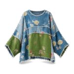 Bluzka damska patchwork w kwiaty z bawełny, długi rękaw, oversize - zdjęcie główne