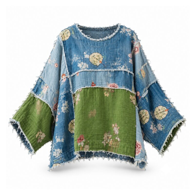 Bluzka damska patchwork w kwiaty z bawełny, długi rękaw, oversize - wariant wariant