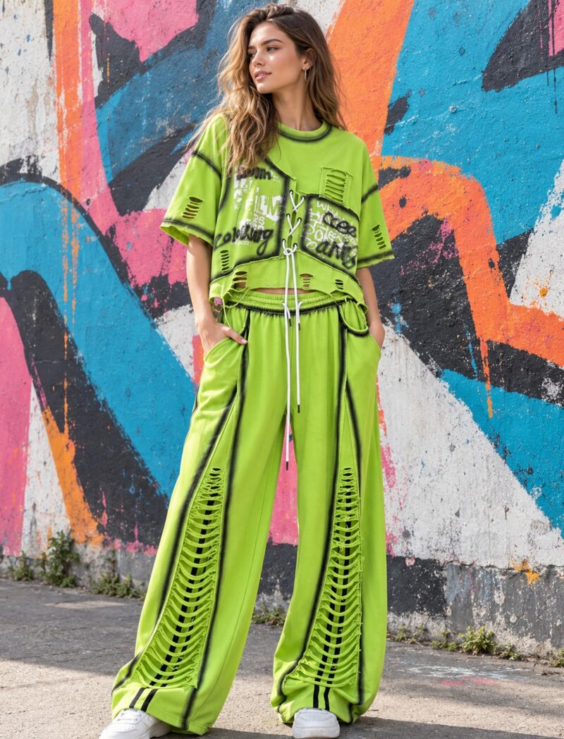 Bluzka oversize i szerokie spodnie damskie z nadrukiem, do wyboru osobno - sesja miejska: modelka w limonkowym komplecie na tle muralu, białe sneakersy