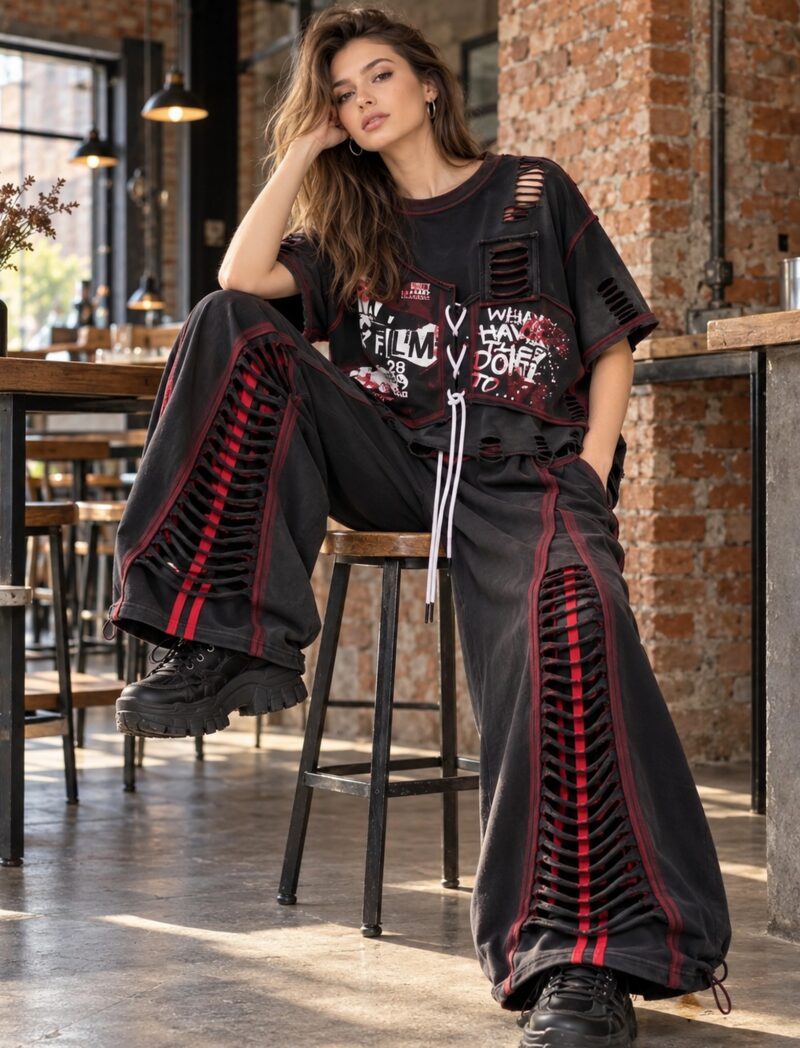 Bluzka oversize i szerokie spodnie damskie z nadrukiem, do wyboru osobno - modelka w czarnym komplecie z czerwonymi lamówkami w industrialnej kawiarni