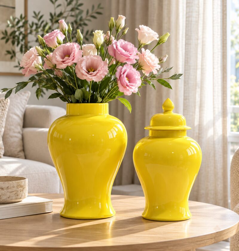 Ceramiczny wazon z pokrywką, żółty słój dekoracyjny, 35-60 cm - jasny salon z lnianymi zasłonami, słój z różowymi eustomami na okrągłym stoliku