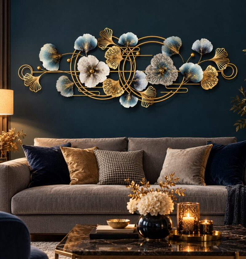 Dekoracja ścienna metalowa liście miłorzębu 127 x 44 cm, złoto i błękit - salon z ciemną granatowo-zieloną ścianą i szarą sofą, dekoracja nad sofą