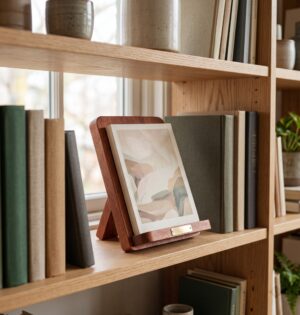 Drewniana podstawka na książkę A5 19 x 15 cm, stojak ekspozycyjny - domowa biblioteczka, podstawka z książką o gładkiej okładce na drewnianej półce, naturalne światło, skala 19 x 15 cm