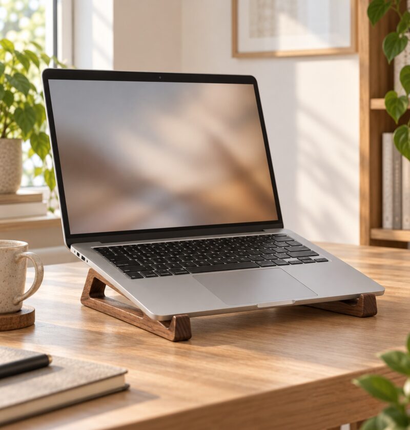 Drewniana podstawka pod laptopa, 2 wsporniki 26 cm, kąt 12 stopni - domowe biuro w stylu skandynawskim, laptop na wspornikach na drewnianym biurku, ciepłe dzienne światło, bez napisów