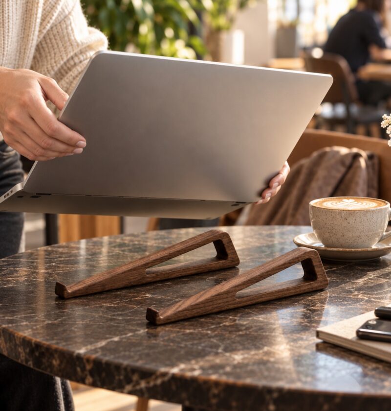 Drewniana podstawka pod laptopa, 2 wsporniki 26 cm, kąt 12 stopni - kawiarnia, laptop unoszony ze wsporników na stoliku, realistyczna skala, bez napisów