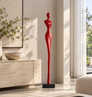 Figura abstrakcyjna kobiety na podstawie 92-130 cm, dekoracja podłogowa - minimalistyczny salon, jasna wnęka z oświetleniem LED w zabudowie, czerwona smukła figura 95 cm