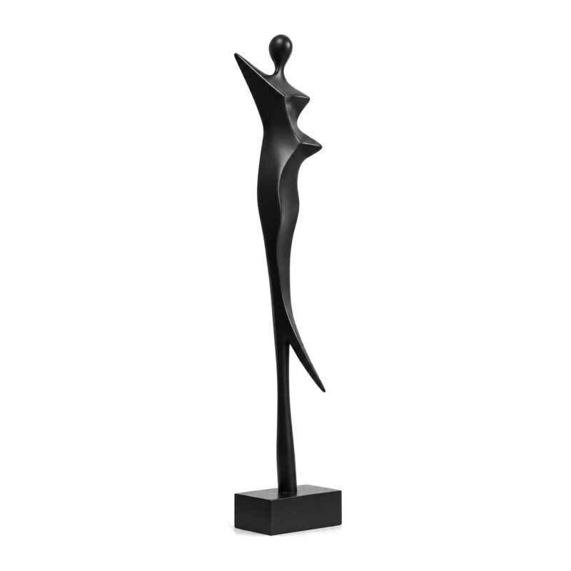 Figura abstrakcyjna kobiety na podstawie 92-130 cm, dekoracja podłogowa - czarna figura dynamiczna 92 cm na podstawie, bez napisów i linii wymiarowych, białe tło