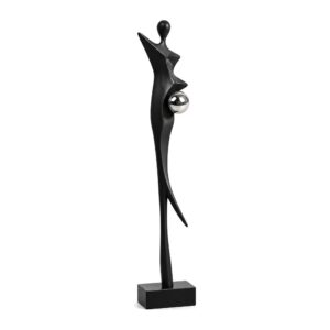 Figura abstrakcyjna kobiety na podstawie 92-130 cm, dekoracja podłogowa - czarna figura 130 cm ze srebrną kulą, bez napisów i linii wymiarowych, białe tło