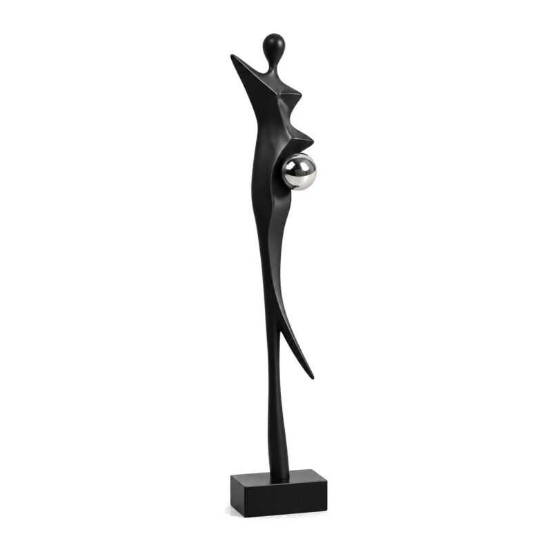 Figura abstrakcyjna kobiety na podstawie 92-130 cm, dekoracja podłogowa - czarna figura 130 cm ze srebrną kulą, bez napisów i linii wymiarowych, białe tło