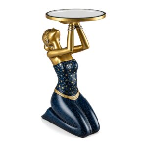 Figura dekoracyjna z tacą 63 cm, klęcząca kobieta, granat i złoto - zdjęcie główne