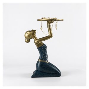 Figura dekoracyjna z tacą 63 cm, klęcząca kobieta, granat i złoto - wariant wariant