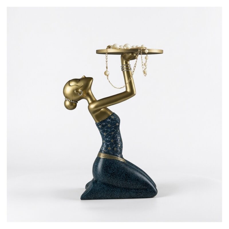 Figura dekoracyjna z tacą 63 cm, klęcząca kobieta, granat i złoto - wariant wariant