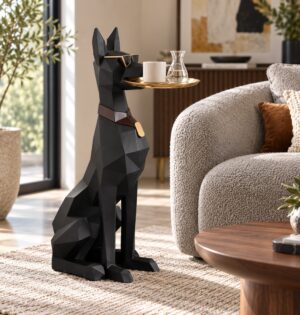 Figura psa dobermana z tacą 74 cm, stolik pomocniczy z żywicy - nowoczesny salon, czarne figury dobermana przy niskim stoliku