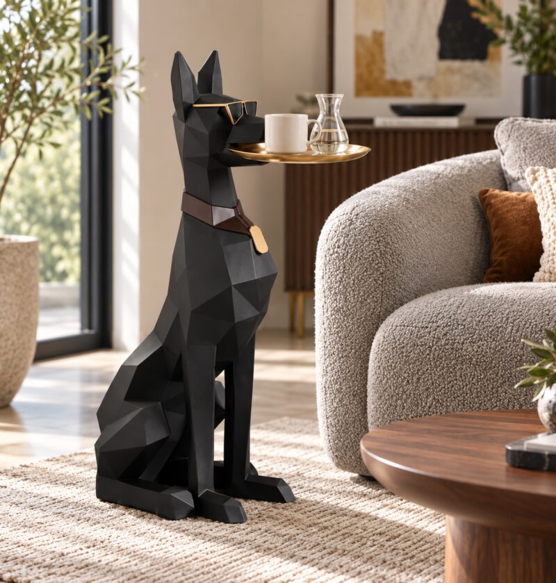 Figura psa dobermana z tacą 74 cm, stolik pomocniczy z żywicy - nowoczesny salon, czarne figury dobermana przy niskim stoliku