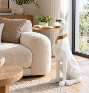 Figura psa dobermana z tacą 74 cm, stolik pomocniczy z żywicy - jasny salon w stylu skandynawskim, biała figura z tacą obok sofy