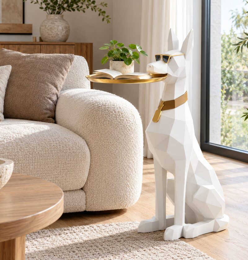 Figura psa dobermana z tacą 74 cm, stolik pomocniczy z żywicy - jasny salon w stylu skandynawskim, biała figura z tacą obok sofy