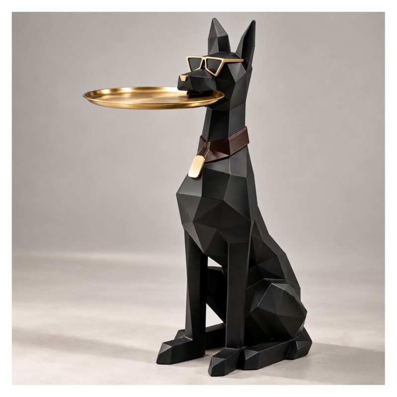 Figura psa dobermana z tacą 74 cm, stolik pomocniczy z żywicy - wariant czarny