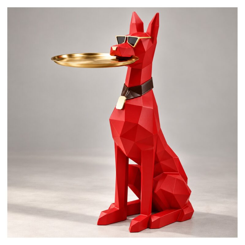 Figura psa dobermana z tacą 74 cm, stolik pomocniczy z żywicy - wariant czerwony