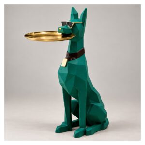 Figura psa dobermana z tacą 74 cm, stolik pomocniczy z żywicy - wariant zielony