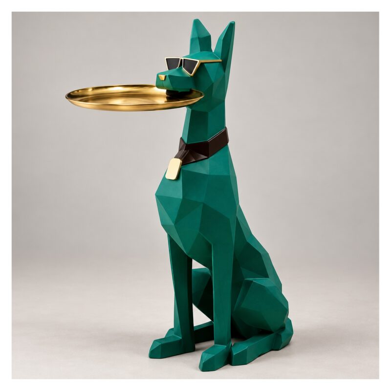 Figura psa dobermana z tacą 74 cm, stolik pomocniczy z żywicy - wariant zielony