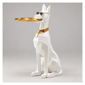 Figura psa dobermana z tacą 74 cm, stolik pomocniczy z żywicy - wariant biały