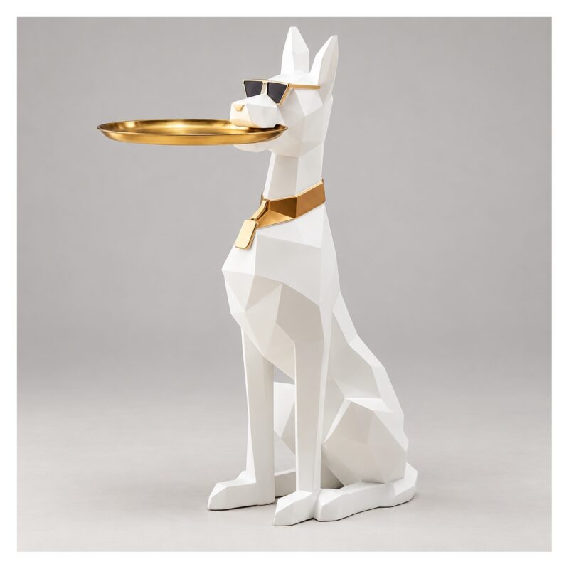 Figura psa dobermana z tacą 74 cm, stolik pomocniczy z żywicy - wariant biały