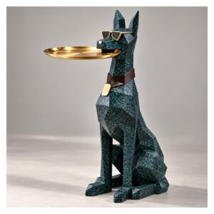 Figura psa dobermana z tacą 74 cm, stolik pomocniczy z żywicy - wariant granatowy nakrapiany
