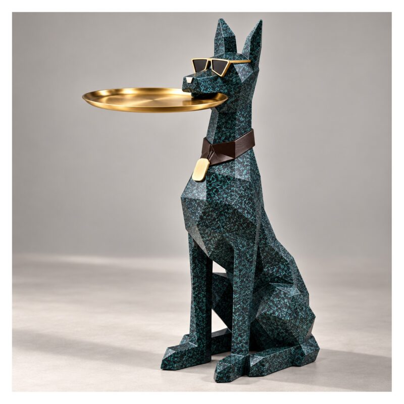 Figura psa dobermana z tacą 74 cm, stolik pomocniczy z żywicy - wariant granatowy nakrapiany