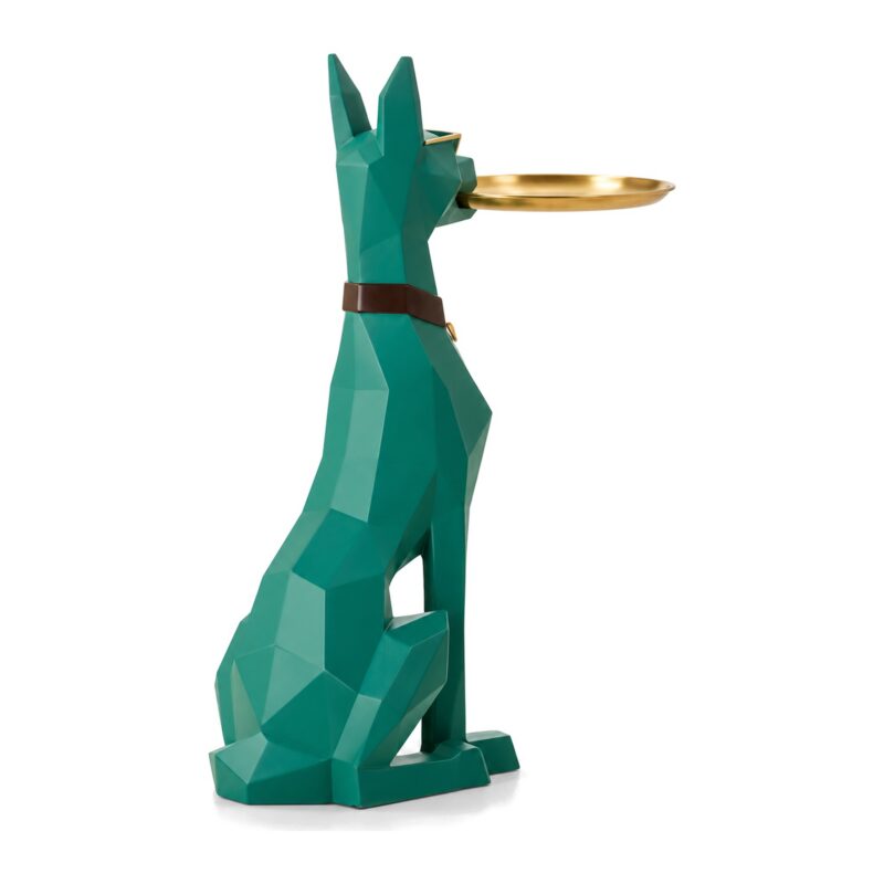 Figura psa dobermana z tacą 74 cm, stolik pomocniczy z żywicy - zielona figura dobermana widziana z tyłu i z boku, pusta taca, białe tło, bez napisów