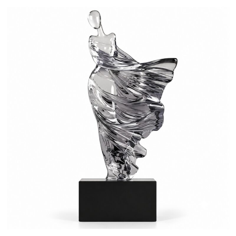 Figura kobiety w powiewającej sukni 36 cm, rzeźba z żywicy na podstawie - wariant szary przezroczysty