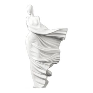 Figura kobiety w powiewającej sukni 36 cm, rzeźba z żywicy na podstawie - wariant biały matowy na czarnej podstawie, białe tło
