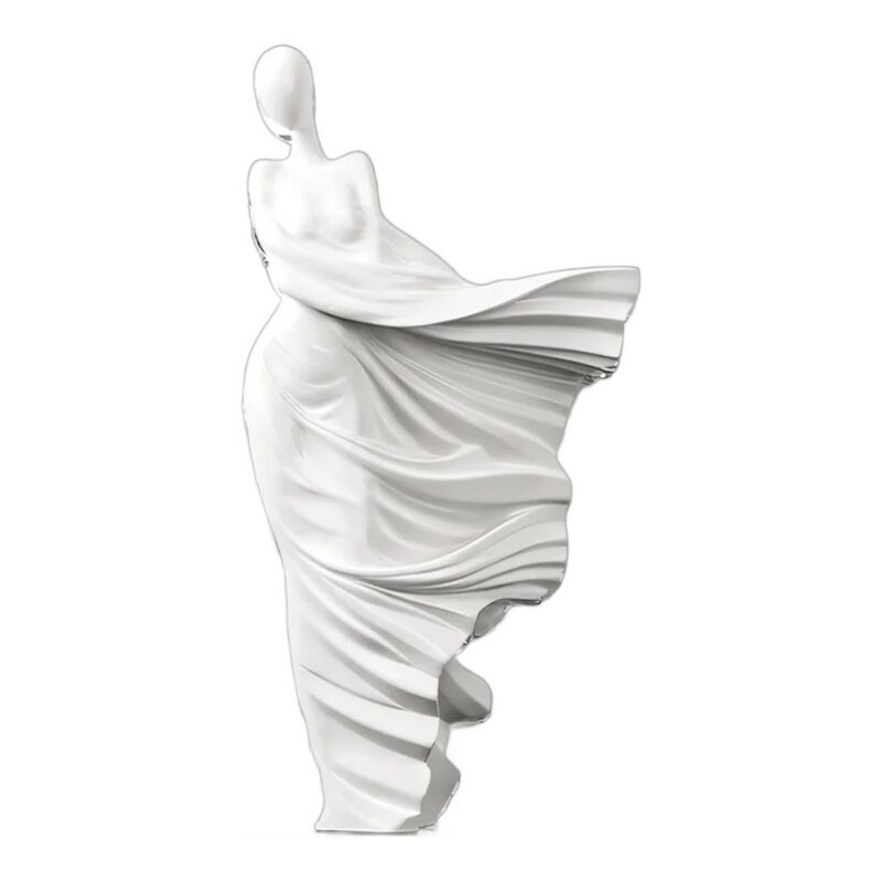 Figura kobiety w powiewającej sukni 36 cm, rzeźba z żywicy na podstawie - wariant biały matowy na czarnej podstawie, białe tło