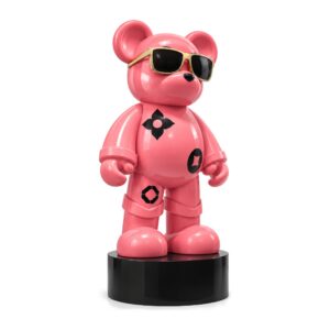 Duża figura misia w okularach z żywicy 70-90 cm, różowa, skarbonka - ta sama figura na czarnej okrągłej podstawie, na białym tle