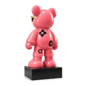 Duża figura misia w okularach z żywicy 70-90 cm, różowa, skarbonka - widok z tyłu na czarnym cokole