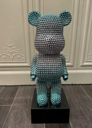 Figura misia z żywicy 50 cm, galwanizowana, dekoracja do salonu - jasny przedpokój ze sztukaterią, figura srebrno-turkusowa