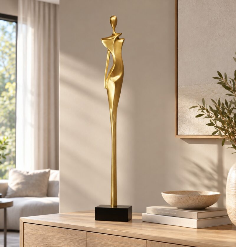 Figurka abstrakcyjna kobieta z żywicy 76 cm, wysoka rzeźba do salonu - nowoczesny salon z niszą z drewnianymi lamelami i ciepłym podświetleniem